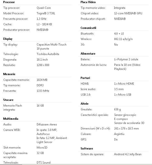 Toshiba Excite Pure AT10-A-104 - Specificatii tehnice