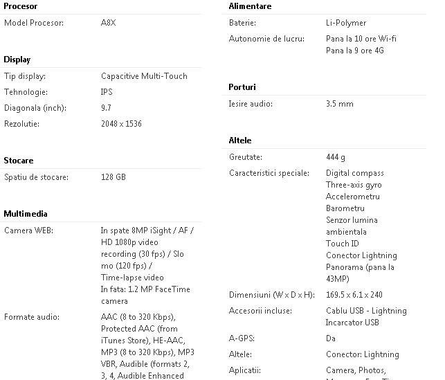  iPad Air 2 - Specificatii tehnice