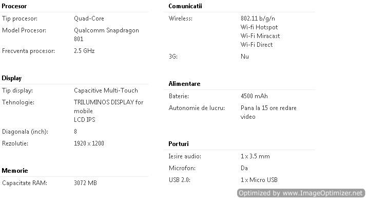 Sony Xperia Z3 Tablet - Specificatii tehnice