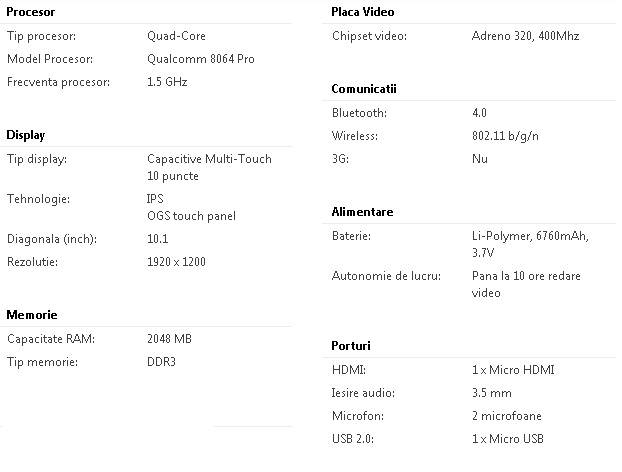 Asus Transformer Pad TF303K-1B017A - Specificatii tehnice