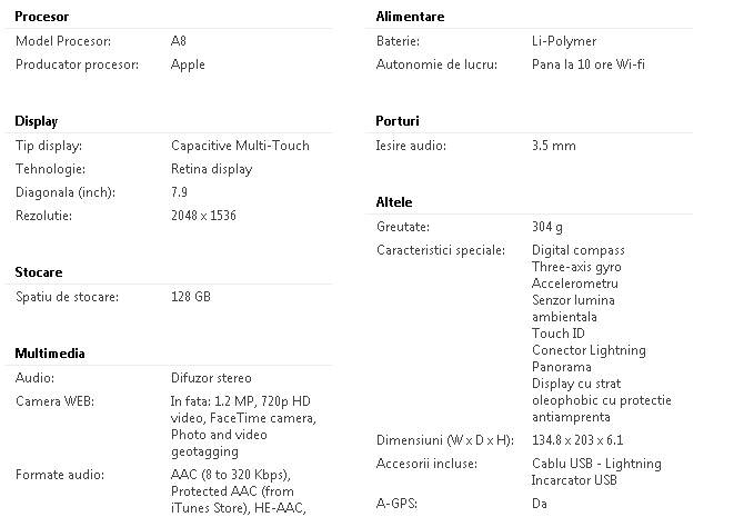 iPad Mini 4 - Specificatii tehnice